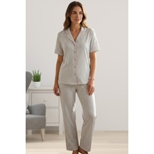 Effortt Gri Önden Düğmeli Kısa Kol Kadın Pijama Takımı