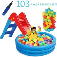 Yıldırım Oyuncak Dolu Kaydıraklı Oyun Seti Kaydırak Top Havuzu 100 Adet Renkli Top Pompa Hediyeli