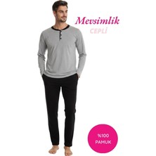 Seamlife Erkek Gri 3 Düğmeli %100 Pamuk Mevsimlik Uzun Kollu Cepli Pijama Takımı