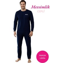 Alimer Erkek Lacivert Uzun Kol Cepli Pijama Takımı Pamuk Likra Bisiklet Yaka Mevsimlik Eşofman Takımı