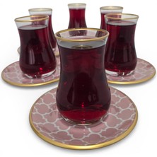 Sudedi Home Gerçek Altın Yaldızlı Pembe Desenli 6’lı Cam Çay Bardağı Seti