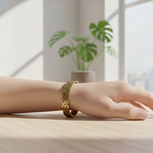 Sevil Gülgün Atelier Lüks Pul Zincir Plaka Bileklik | Gold Renk 3 Sıra Çelik Hasır Kelepçe | Italyan Model Trend Bilezik