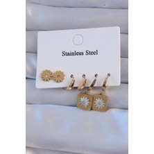 SHC4200 316L Çelik Gold Renk Zirkon Taşlı Sedefli Papatya Model Halka Küpe Seti