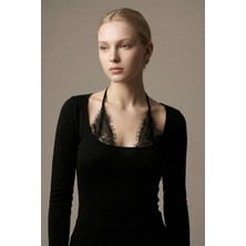 Şiir Dedza Kadın Slim Fit Lux Touch Dantelli Bağlamalı Uzun Kollu Top & Bluz & Gotik Y2K - Siyah