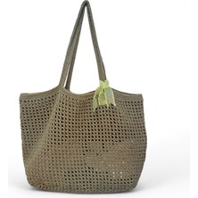 Makrome Ip El Örgüsü Haki Renk Kadın Fileli Omuz Çantası