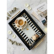 Le Paon Siyah Beyaz Çizgili Gold Metal Kulplu Dekoratif Sunum Tepsisi - Lüks Kahve Tepsisi