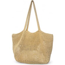 Makrome Ip El Örgüsü Simli Sarı Kadın Fileli Omuz Çantası