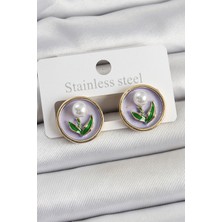 Pirinç Mor Mineli Lale Figürlü Sanatsal Portre Model Gold Renk Kadın Küpe - Lisinya