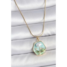 316L Çelik Gold Renk Zincir Mavi Çiçek Işlemeli Inci Işlemeli Portre Model Kadın Kolye - Lisinya