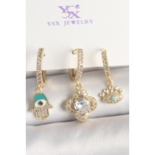 Pirinç Gold Renk Zirkon Taşlı Fatma Ana El Yonca Figür Göz Detay 3'lü Kadın Kombin Küpe - Lisinya