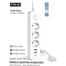 ÇELİKWORK Ftr/16 3680W 16A 3 Priz, 2 Usb, 1 Type-C, 1.8 Metre Akım Korumalı Priz