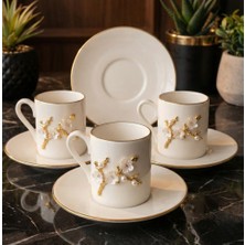 Assa Bazaar Flora Luxe Altın Yaldızlı 6 Kişilik Porselen Kahve Fincanı &inci Yuvarlak