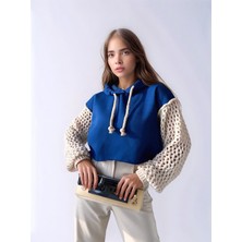 Mamayaga Kadın Kolları Örgü Triko Süper Şık Tasarım Oversize Crop Boy Saks Mavi Sweatshirt