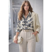 Mamayaga Kadın Uzun Kol Parlak Saten Desenli Spor Şık Rahat Kalıp Saten Gömlek