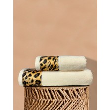 Ellaline Leopar Banyo Havlusu Seti %100 Pamuk Sertifikalı, 2 Parça, 50X90 - 70X140CM Desenli Havlu Krem Renk