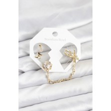 Clariss Pirinç Gold Renk Kelebekli Model Zincir Bağlantılı Ear Cuff Küpe Seti