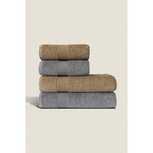 Ellaline 4'lü Banyo Havlusu Seti %100 Pamuk Sertifikalı Vücut ve Baş | Çizgili 50X90 - 70X140 Bej Gri