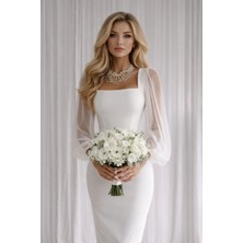 GILLA'S QUEEN Kadın Beyaz Kare Yaka Tül Kol Kalem Etek Nikahelbisesi Abiye