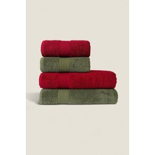 Ellaline 4'lü Banyo Havlusu Seti %100 Pamuk Sertifikalı 50X90 - 70X140CM Çizgili Bordürlü, Bordo - Koyu Yeşil