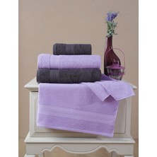 Ellaline 4'lü Banyo Havlusu Seti %100 Pamuk Sertifikalı, Elmas Desen Bordür 50X80-70X130CM Antrasit Lila