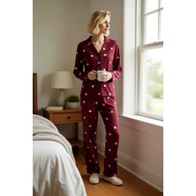 Benerly Kadın Gömlek Yaka Standart Kol Fitted Kalp Desenli Pijama Takımı Fonksiyonel Şık %100 Pamuk