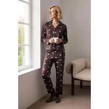 Benerly Kadın Gömlek Yaka Standart Kol Fitted Kalp Desenli Pijama Takımı Fonksiyonel Şık %100 Pamuk