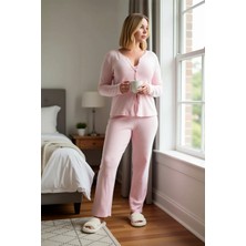 Benerly Kadın V Yaka Standart Kol Uzun Kollu Regular Fit Hırkalı Örme Pijama Takımı Fonksiyonel Şık