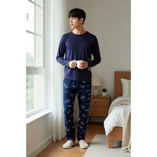 Benerly Erkek Bisiklet Yaka Standart Kol Regular Fit Baskılı Örme Pijama Takımı Estetik %100 Pamuk