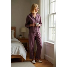 Benerly Kadın Gömlek Yaka Uzun Kol Regular Kalıp Poplin Dokuma Çizgili Pijama Takımı Fonksiyonel Şık