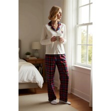 Benerly Kadın Ekose Kedi Baskılı Gömlek Yaka Uzun Kol Regular Kalıp Pijama Takımı Şık