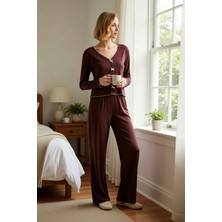 Benerly Kadın V Yaka Uzun Kol Regular Fit Örme Pijama Takımı Fonksiyonel Spor