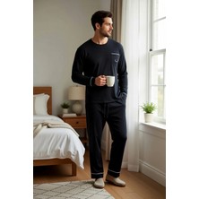 Benerly Erkek Büyük Beden Bisiklet Yaka Uzun Kol Nakışlı Örme Pijama Takımı Fonksiyonel %100 Pamuk