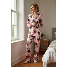 Benerly Kadın Gömlek Yaka Uzun Kol Kaplan Baskılı Pijama Takımı Regular Kalıp Dayanıklı %100 Pamuk