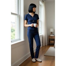 Benerly Kadın V Yaka Kısa Kol Çiçekli Pointel Örme Pijama Takımı Fonksiyonel Dayanıklı Şık %100 Pamuk