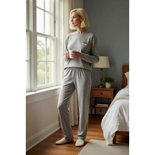 Benerly Kadın Bisiklet Yaka Uzun Kol Regular Kalıp Örme Çizgili Pijama Takımı Fonksiyonel Kaliteli