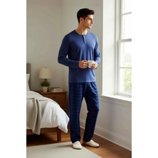 Benerly Erkek Düğmeli Yaka Uzun Kol Ekose Pantolonlu Örme Pijama Takımı Rahat