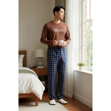 Benerly Erkek Bisiklet Yaka Standart Kol Uzun Kollu Sweatshirt Boru Paça Pantolon Ekose Desenli Örme Pijama