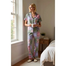 Benerly Kadın Büyük Beden Etnik Desenli Gömlek Yaka Kısa Kollu Pijama Takımı Fonksiyonel %100 Pamuk