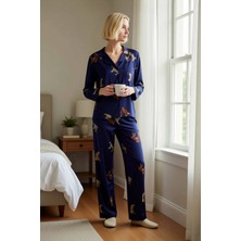 Benerly Kadın Gömlek Yaka Uzun Kol Animal Desenli Regular Kalıp Pijama Takımı Kaliteli