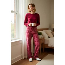 Benerly Kadın Bisiklet Yaka Düşük Kol Polar Kışlık Animal Desenli Örme Pijama Takımı