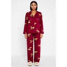 Benerly Kadın Gömlek Yaka Uzun Kol Animal Desenli Regular Kalıp Pijama Takımı Kaliteli