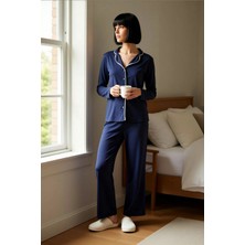 Benerly Kadın Gömlek Yaka Standart Kol Relaxed Kalıp Örme Pijama Takımı Rahat