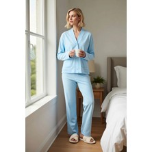 Benerly Kadın V Yaka Düşük Kol Uzun Kollu Relaxed Kalıp Örme Pijama Takımı Fonksiyonel Şık %100 Pamuk