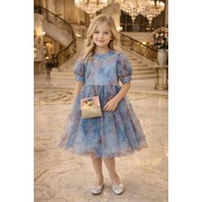 Diamondstar Kız Çocuk Çiçek Desenli Çantalı Bayramlık Prenses Düğün Parti Doğum Günü Elbisesi 5/8 Yaş