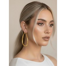 Eva Takı Store Damla Model Halka Gold Renk Çelik Küpe 6cm