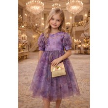 Diamondstar Kız Çocuk Çiçek Desenli Çantalı Bayramlık Prenses Düğün Parti Doğum Günü Elbisesi 5/8 Yaş