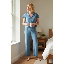 Benerly Kadın V Yaka Kısa Kol Fırfırlı Dokuma Poplin Regular Kalıp T Shirt ve Pantolon Takımı