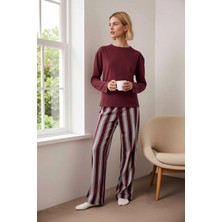 Benerly Kadın Bisiklet Yaka Uzun Kol Standart Kalıp Çizgili Örme Pijama Takımı Fonksiyonel