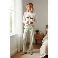 Benerly Kadın Bisiklet Yaka Uzun Kol Regular Kalıp Çizgili Pijama Takımı Fonksiyonel Şık %100 Pamuk