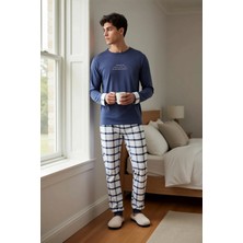 Benerly Erkek Bisiklet Yaka Uzun Kol Ekose Kareli Örme Pijama Takımı Kaliteli